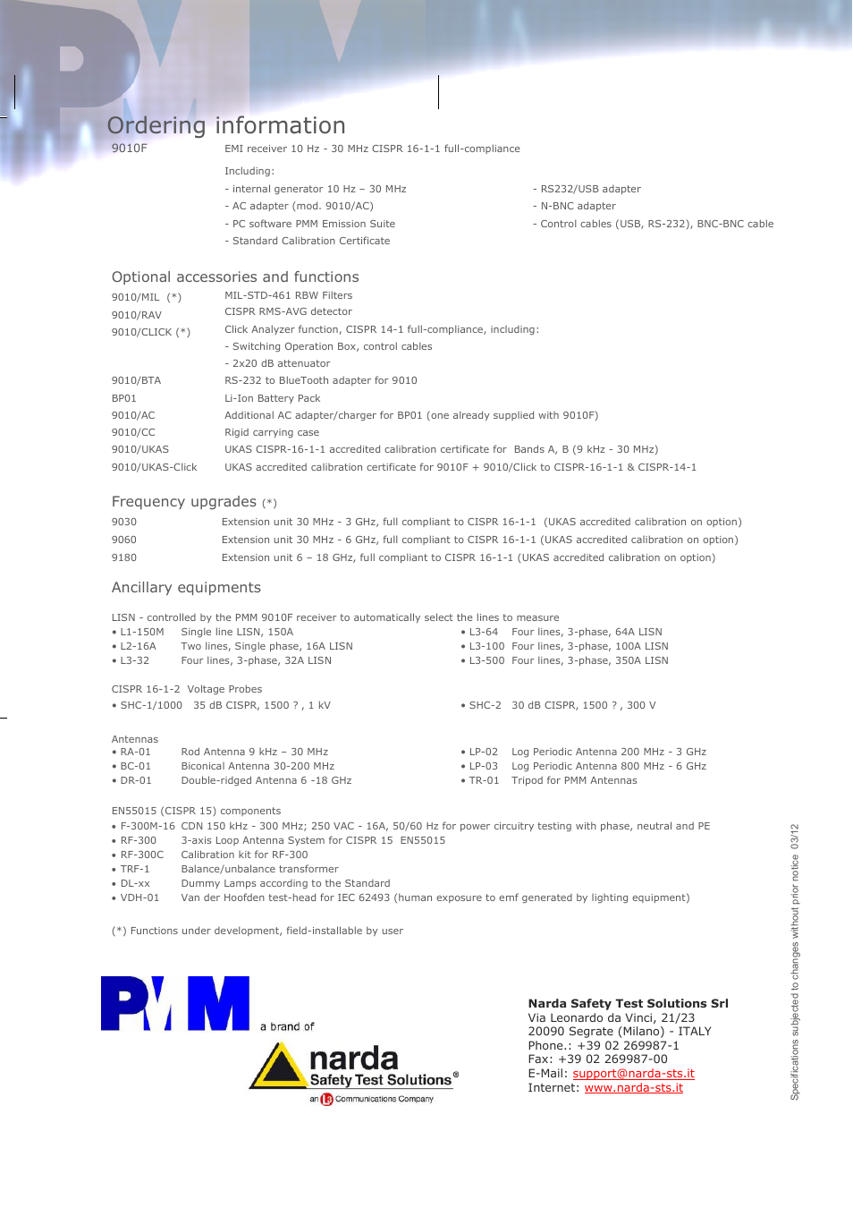 Ordering information, Optional accessories and functions, Frequency upgrades | Ancillary equipments | Atec PMM-9010F User Manual | Page 4 / 4