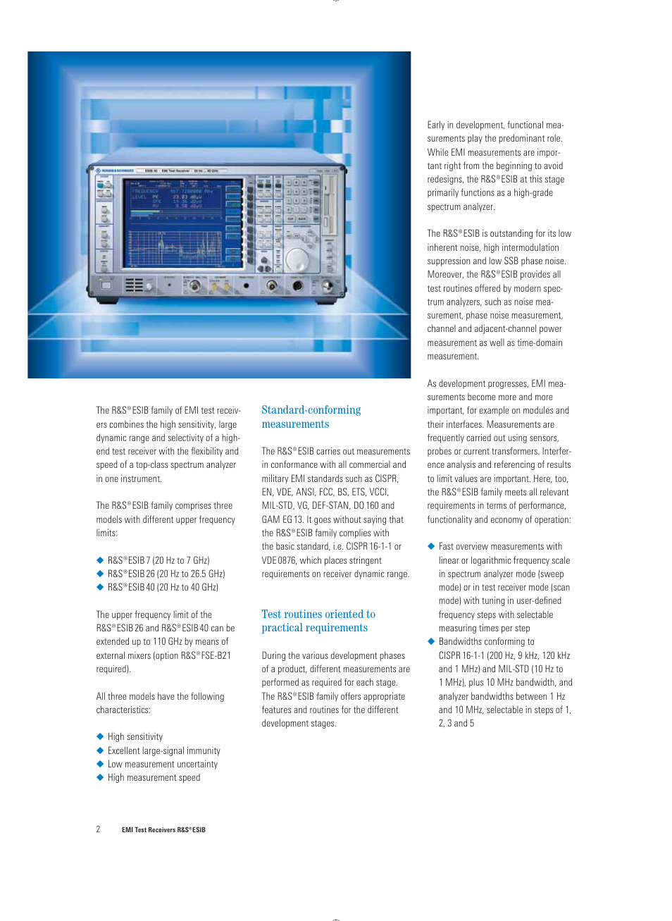 Standard-conforming measurements, Test routines oriented to practical requirements | Atec Rohde-Schwarz-ESIB Series User Manual | Page 2 / 16