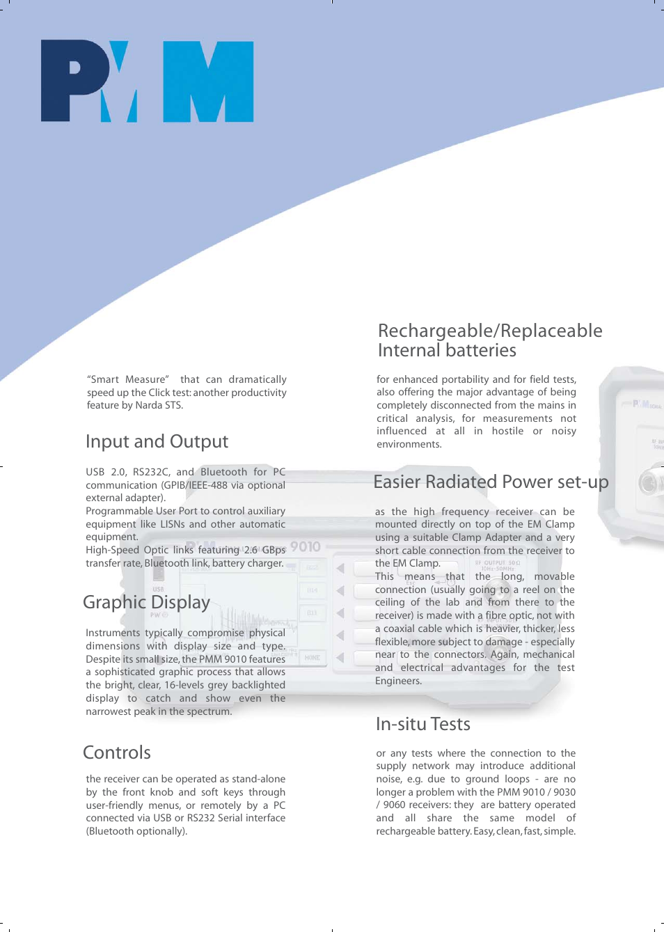 Input and output, Graphic display, Controls | Rechargeable/replaceable internal batteries, Easier radiated power set-up, In-situ tests | Atec PMM-9010_9030_9060 User Manual | Page 10 / 20