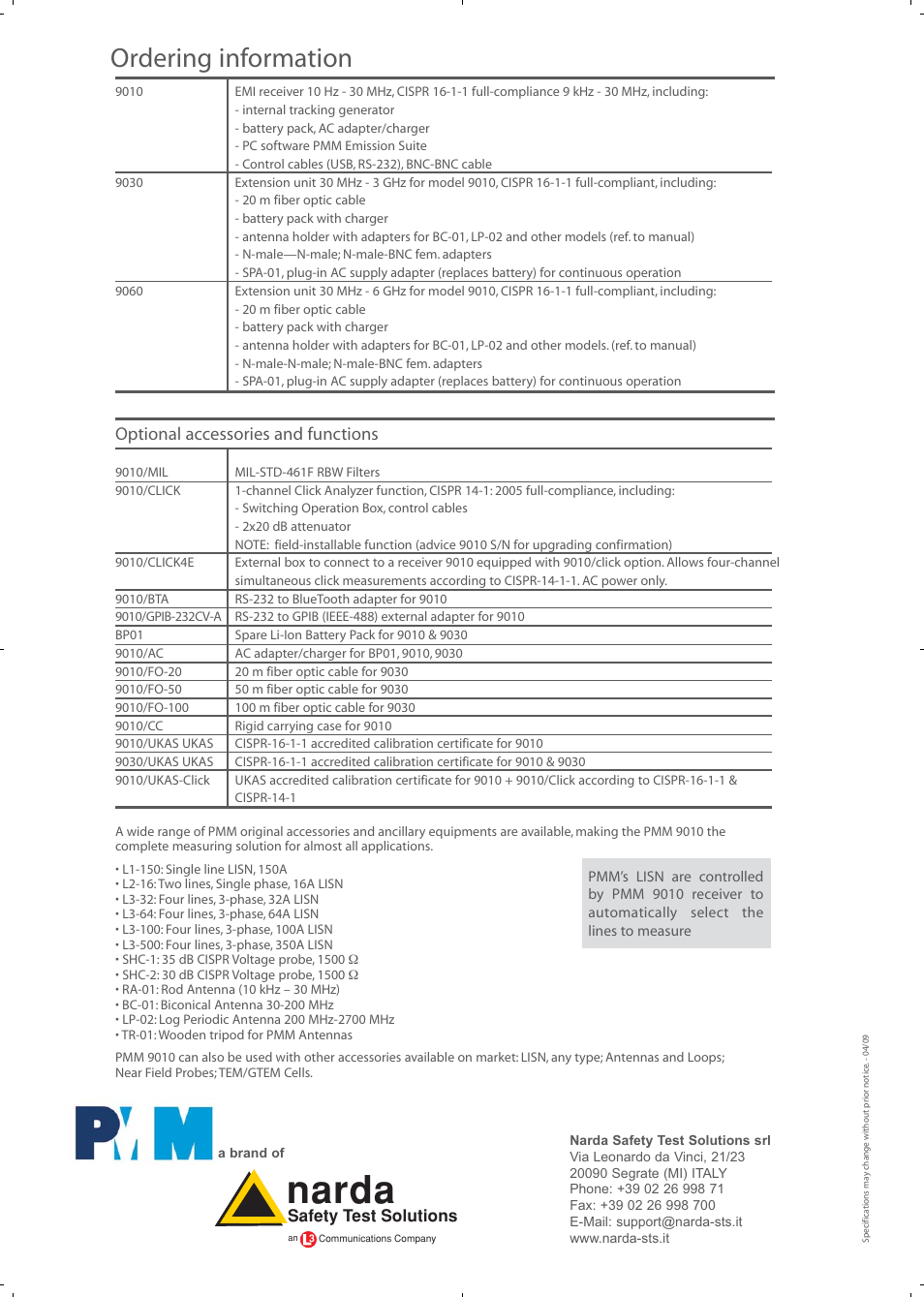 Narda, Ordering information, Optional accessories and functions | Atec PMM-9010_9030_9060 User Manual | Page 20 / 20