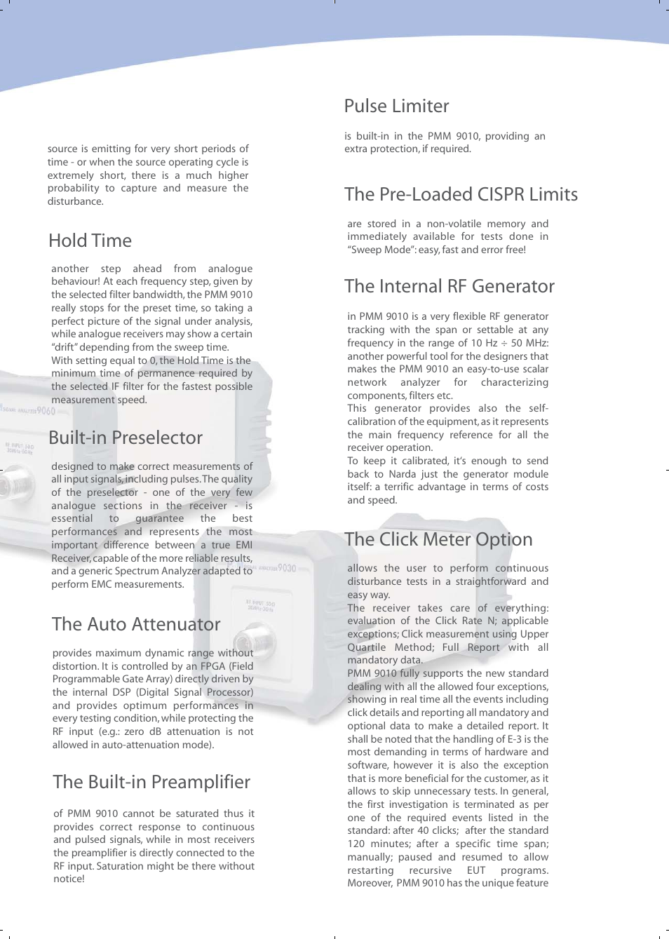 Hold time, The pre-loaded cispr limits, The internal rf generator the click meter option | Built-in preselector, The auto attenuator, The built-in preamplifier, Pulse limiter | Atec PMM-9010_9030_9060 User Manual | Page 9 / 20