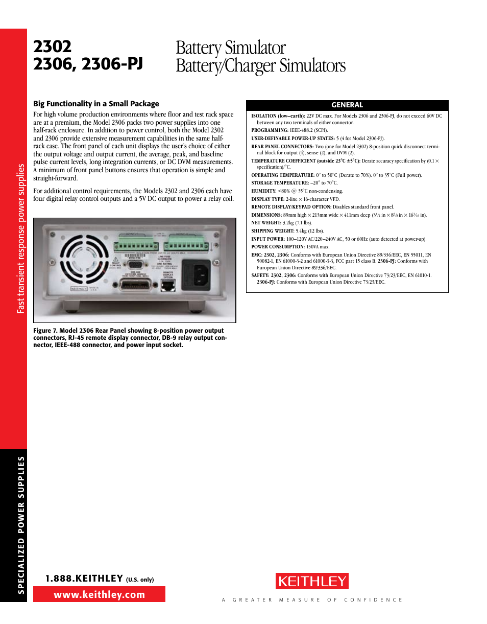 Battery simulator battery/charger simulators, Fa st tra nsi en t r espo ns e pow er su pp lie s | Atec Keithley-2302-2306D User Manual | Page 4 / 8