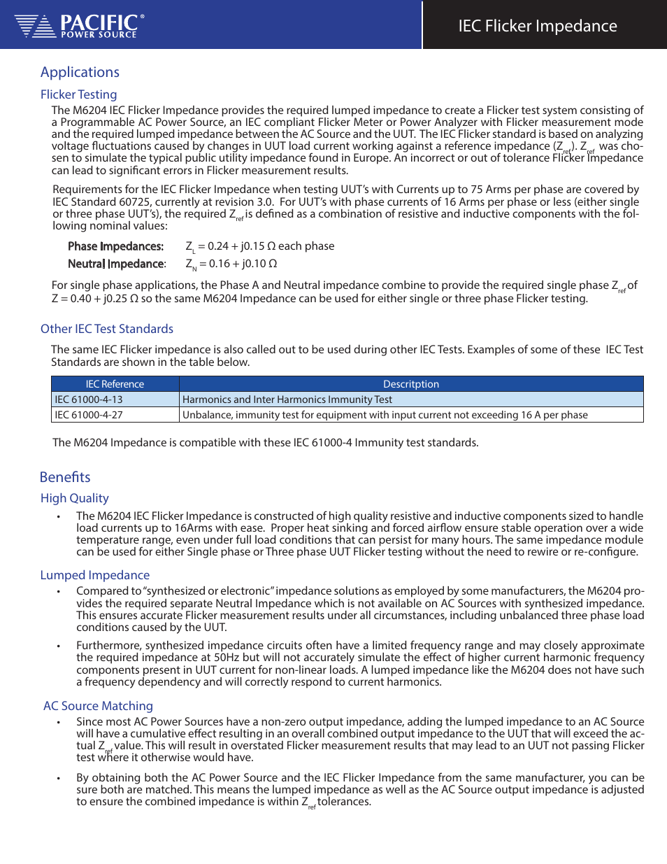 Iec flicker impedance, Applications, Benefits | Atec Pacific-Power-M6204 User Manual | Page 2 / 4