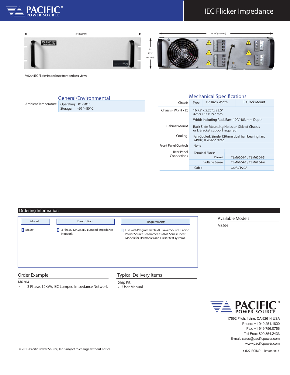 Iec flicker impedance, General/environmental, Mechanical specifications | Order example, Typical delivery items | Atec Pacific-Power-M6204 User Manual | Page 4 / 4