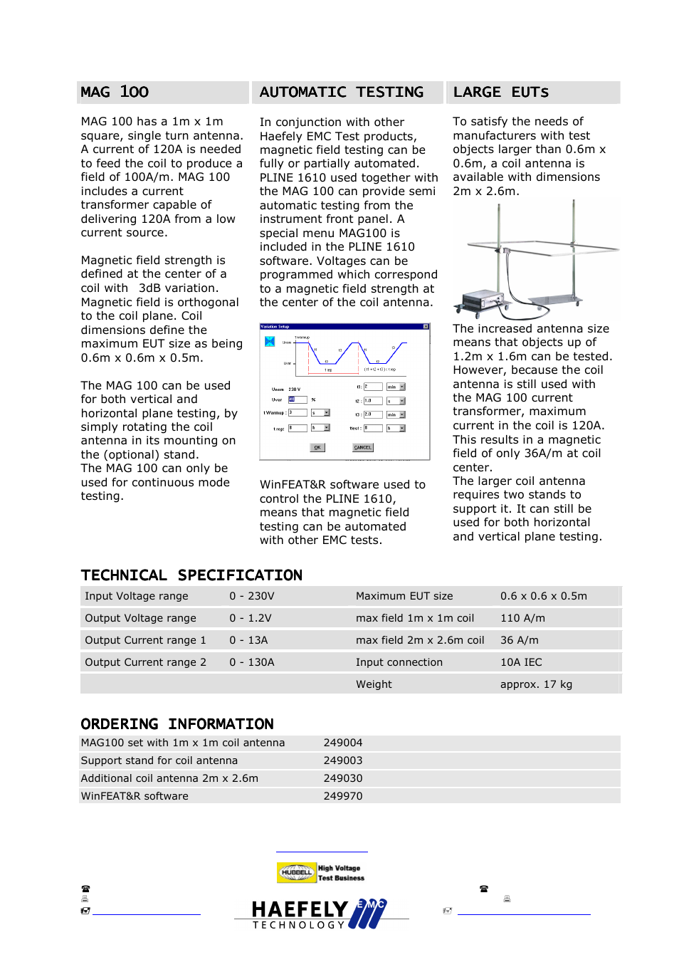 Mag 1oo, Technical spe, Ordering information | Atec Haefely-MAG100 User Manual | Page 2 / 2