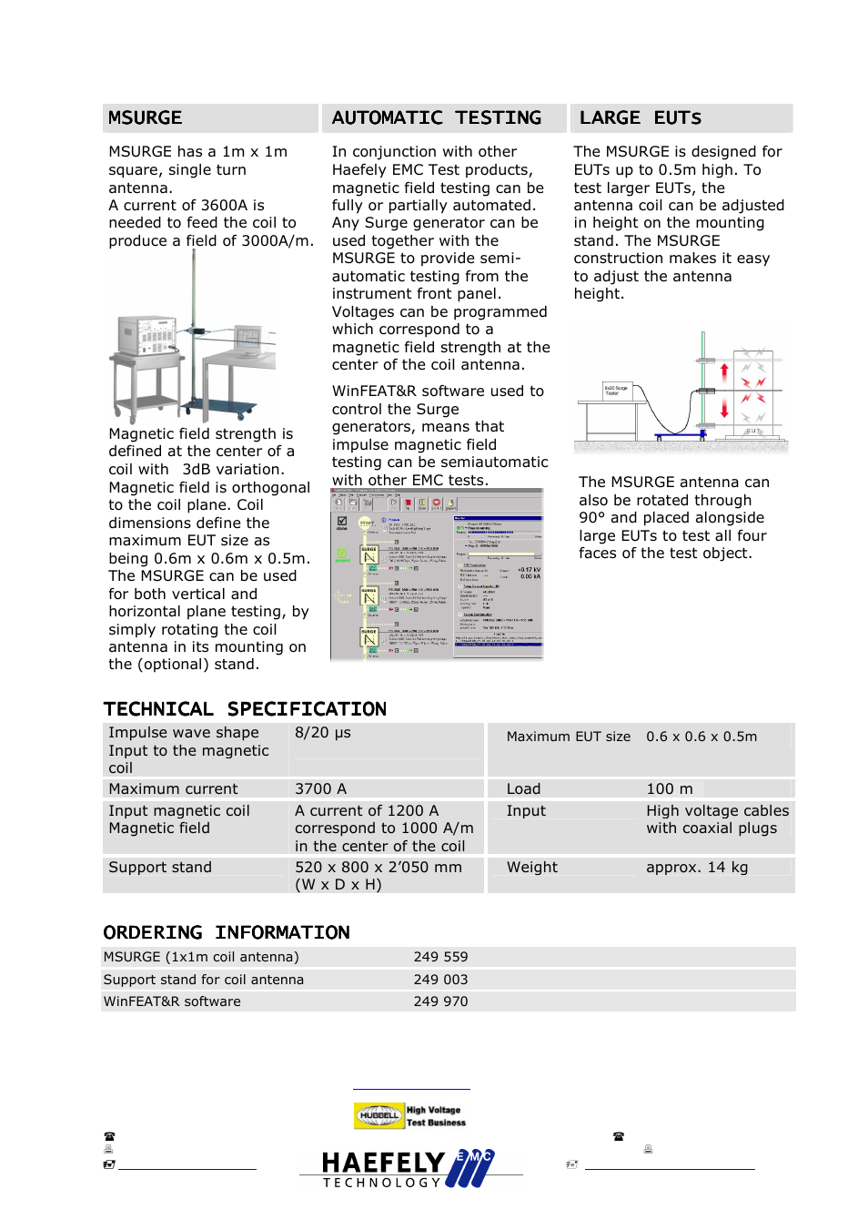 Msurge, Technical specification, Ordering information | Atec Haefely-MSURGE User Manual | Page 2 / 2