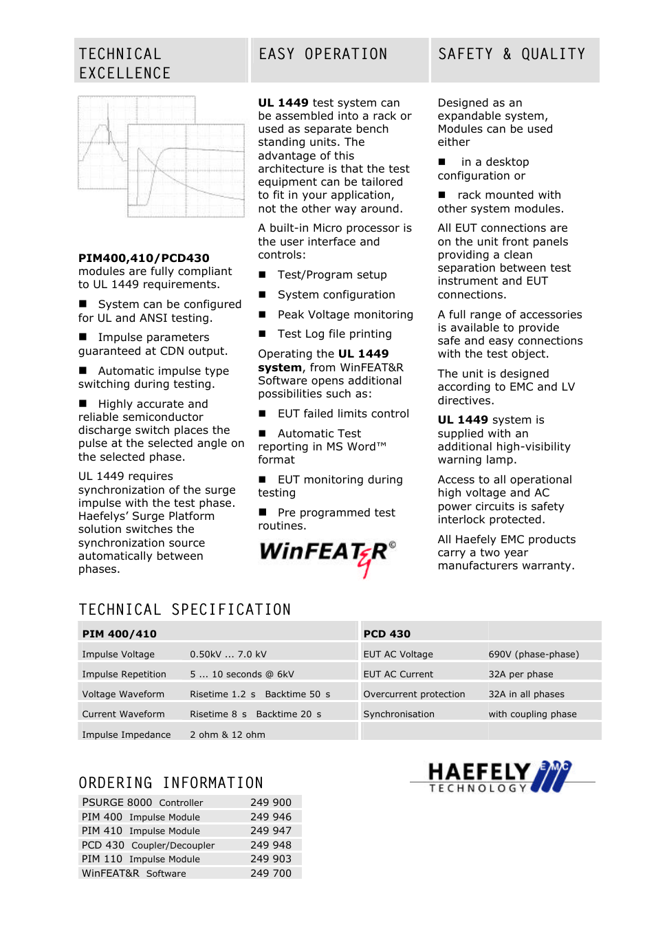 Technical specification, Ordering information | Atec Haefely-pim400-410-430 User Manual | Page 2 / 2