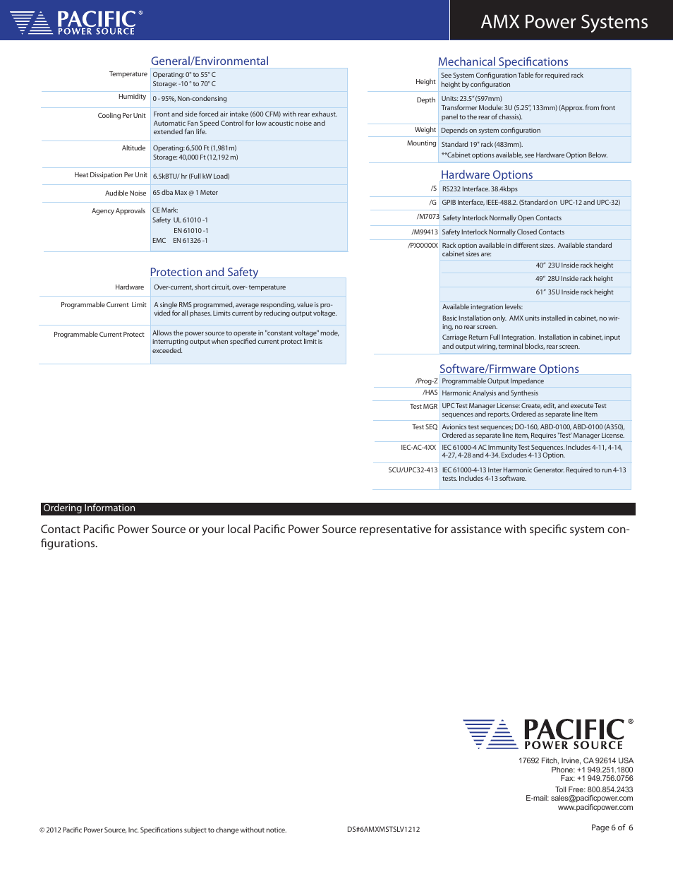 Amx power systems, Software/firmware options, Mechanical specifications | General/environmental, Protection and safety hardware options | Atec Pacific-Power-AMX Series User Manual | Page 6 / 6