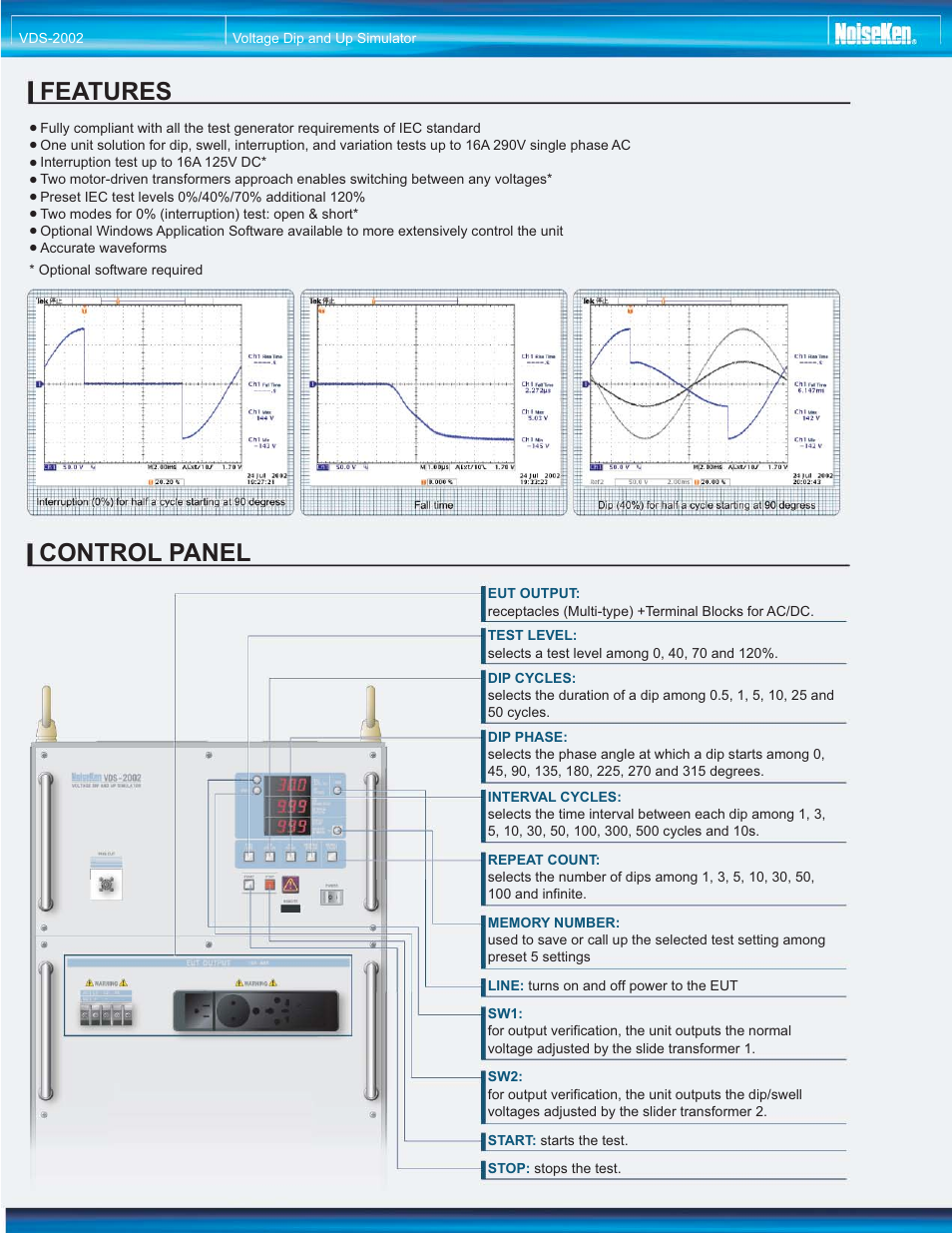 Features control panel | Atec Noiseken-VDS-2002 User Manual | Page 2 / 6