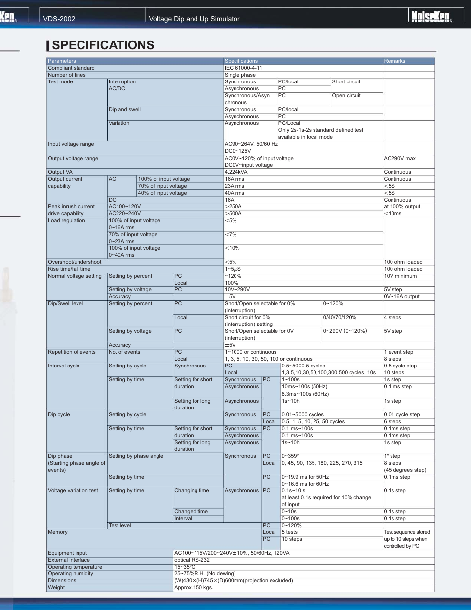 Specifications, Vds-2002 voltage dip and up simulator | Atec Noiseken-VDS-2002 User Manual | Page 4 / 6