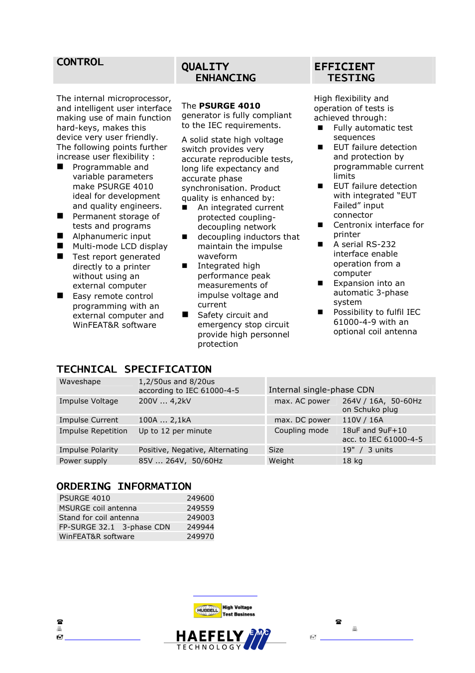 Cont, Technical spec | Atec Haefely-Psurge4010 User Manual | Page 2 / 2