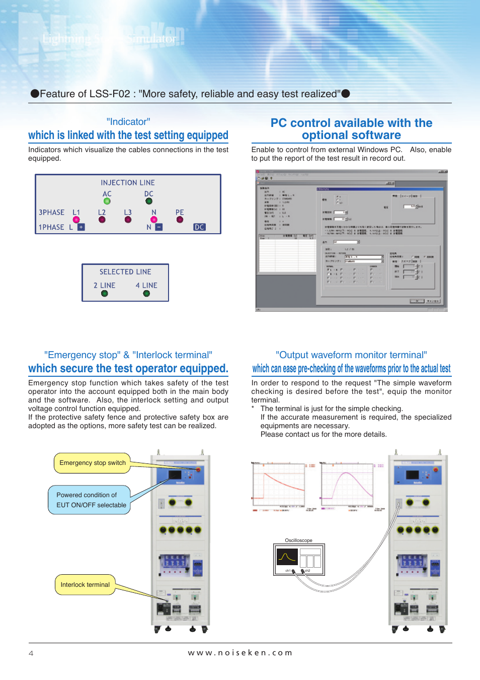 Which secure the test operator equipped, Pc control available with the optional software, Which is linked with the test setting equipped | Emergency stop" & "interlock terminal, Output waveform monitor terminal, Indicator | Atec Noiseken-LSS-F02 Series User Manual | Page 4 / 8