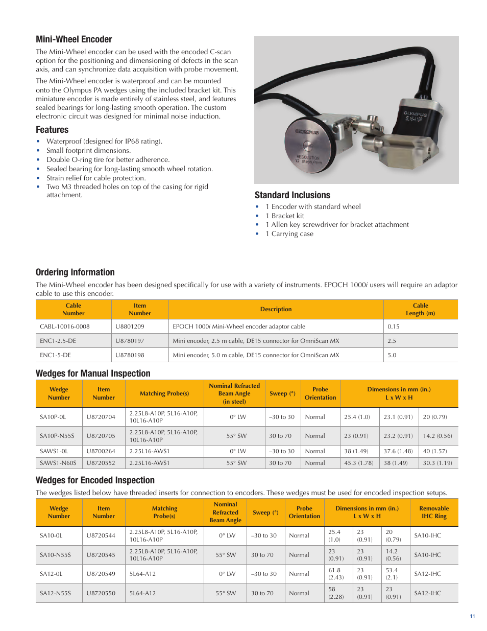 Ordering information, Wedges for manual inspection, Wedges for encoded inspection | Mini-wheel encoder, Features, Standard inclusions | Atec Panametrics-Olympus-Epoch-1000i User Manual | Page 11 / 16