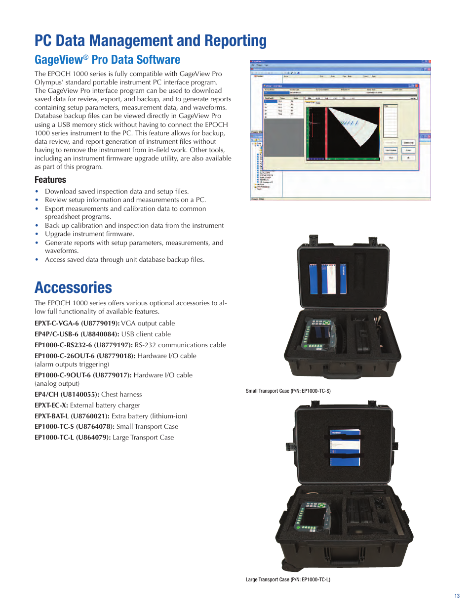 Pc data management and reporting, Accessories, Gageview | Pro data software | Atec Panametrics-Olympus-Epoch-1000i User Manual | Page 13 / 16