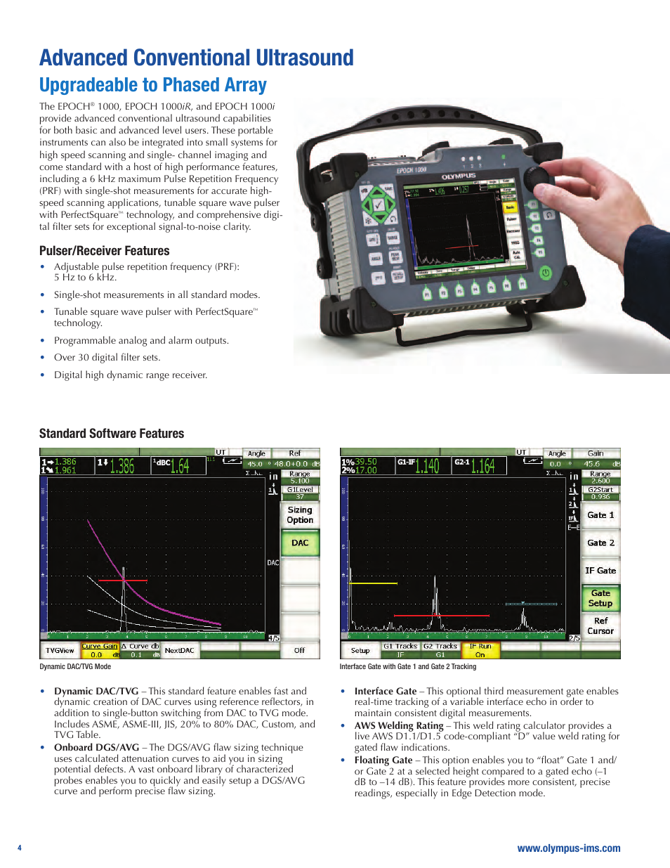 Advanced conventional ultrasound, Upgradeable to phased array, Pulser/receiver features | Standard software features | Atec Panametrics-Olympus-Epoch-1000i User Manual | Page 4 / 16