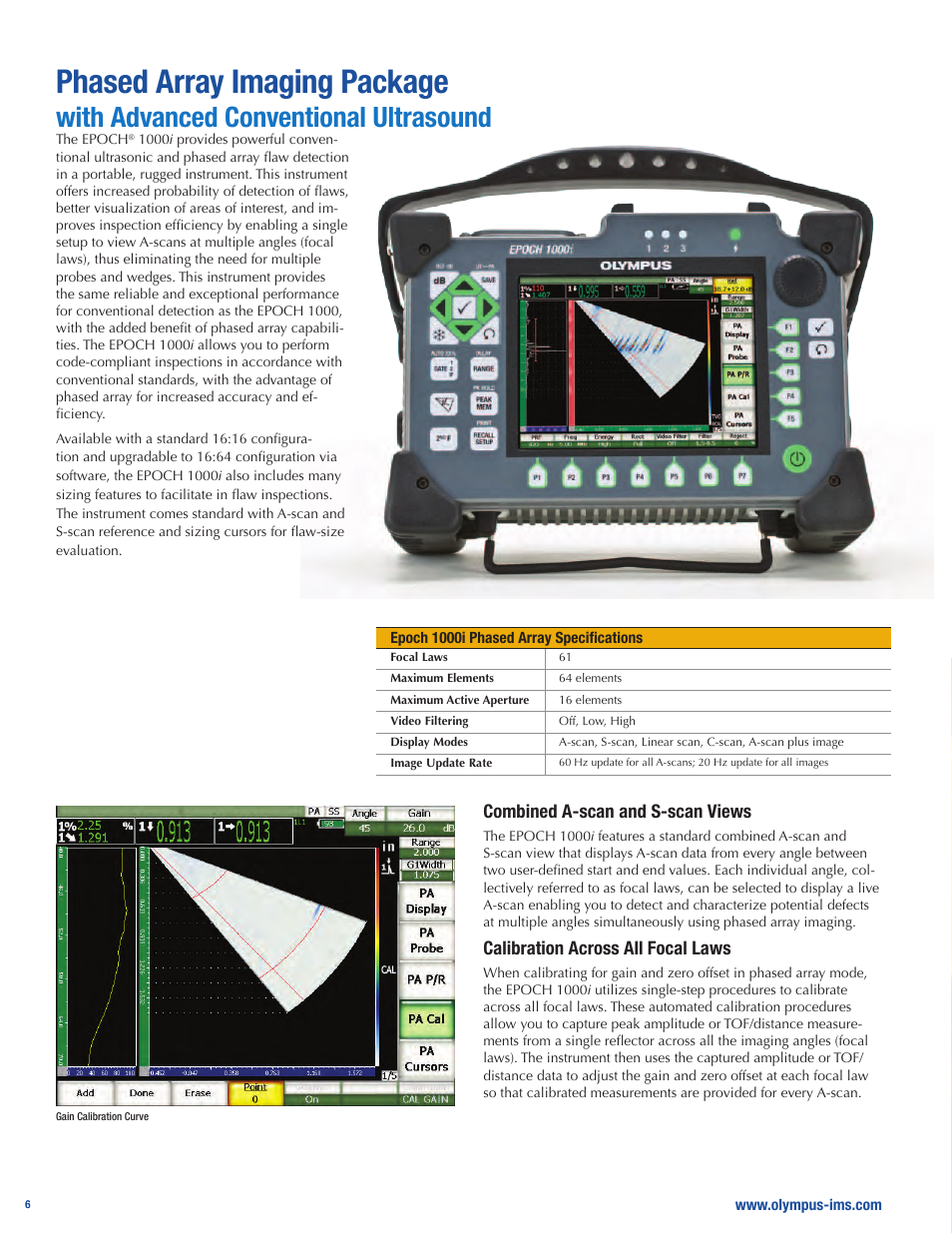 Phased array imaging package, With advanced conventional ultrasound, Combined a-scan and s-scan views | Calibration across all focal laws | Atec Panametrics-Olympus-Epoch-1000i User Manual | Page 6 / 16