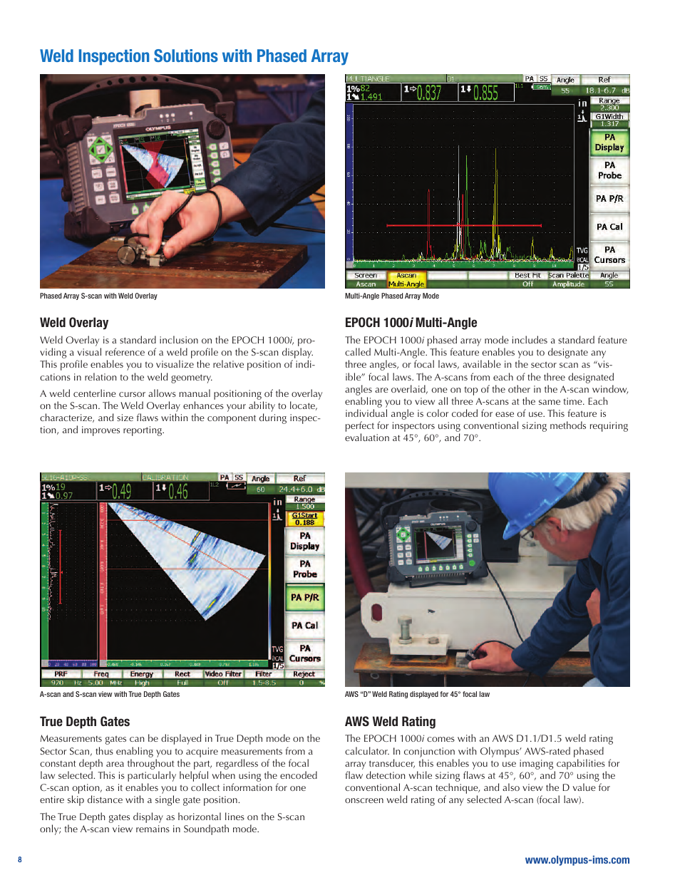 Weld inspection solutions with phased array, Weld overlay, Epoch 1000 i multi-angle | True depth gates, Aws weld rating | Atec Panametrics-Olympus-Epoch-1000i User Manual | Page 8 / 16