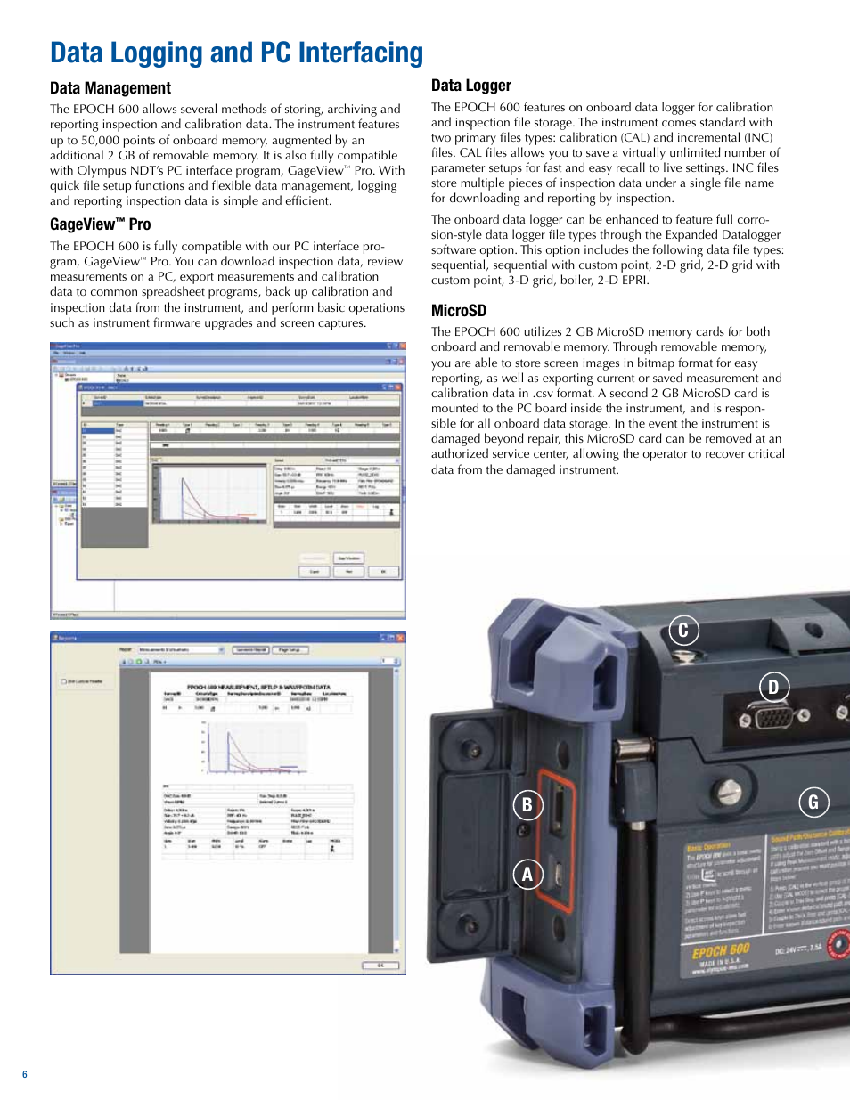 Data logging and pc interfacing, Ab c d g | Atec Panametrics-Olympus-Epoch-600 User Manual | Page 6 / 8