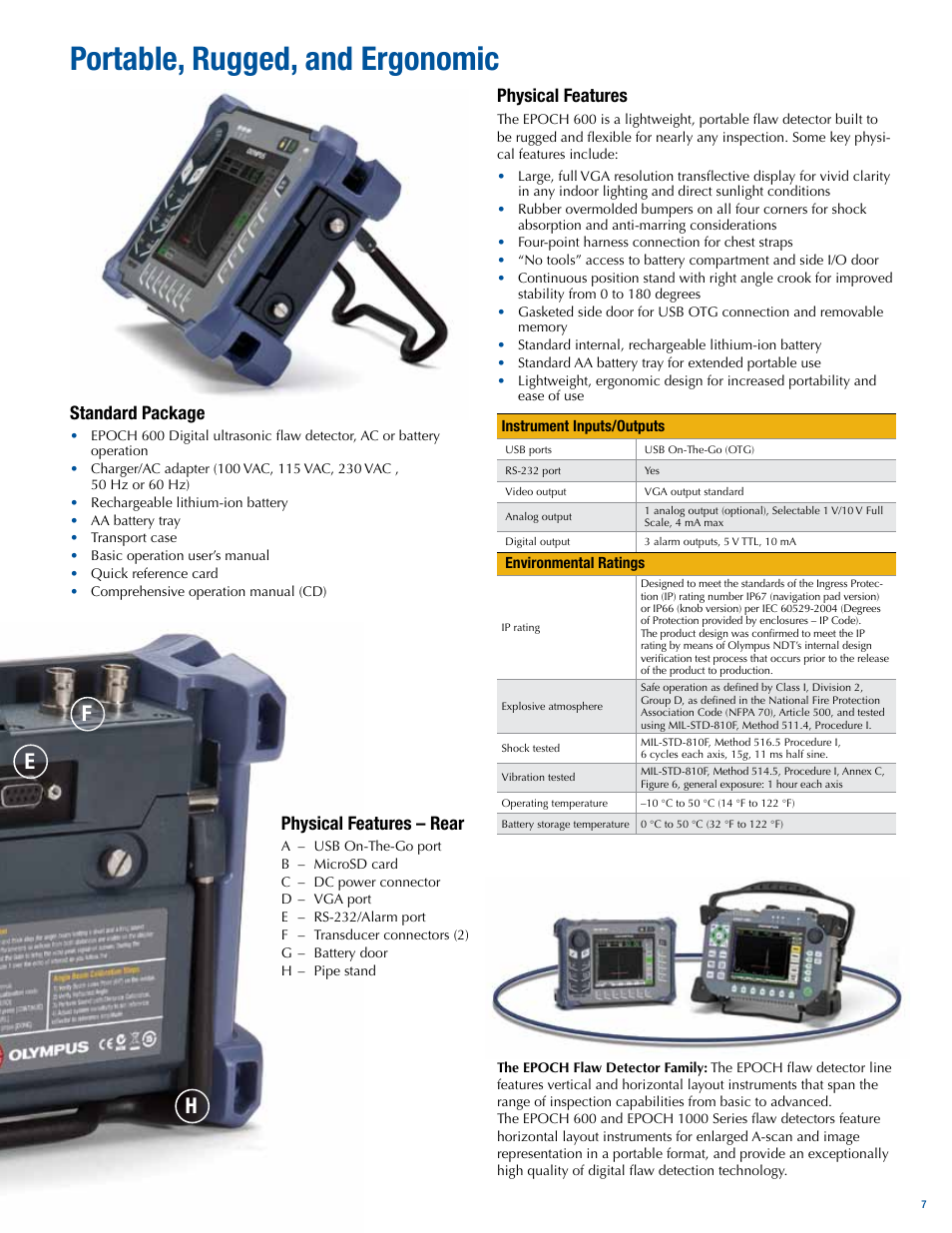 Portable, rugged, and ergonomic, Ef h, Physical features | Standard package, Physical features – rear | Atec Panametrics-Olympus-Epoch-600 User Manual | Page 7 / 8