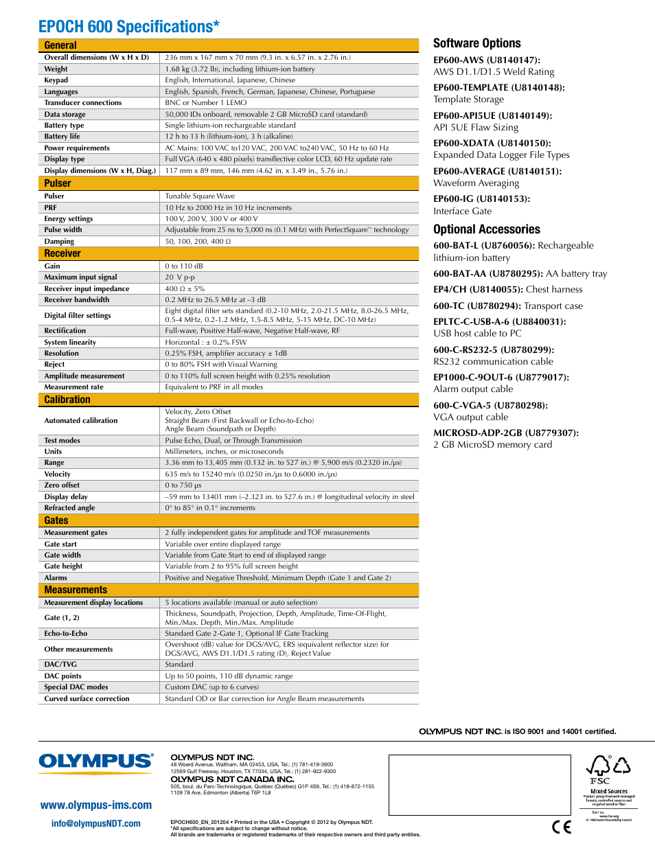 Epoch 600 specifications, Software options, Optional accessories | General, Pulser, Receiver, Calibration, Gates, Measurements | Atec Panametrics-Olympus-Epoch-600 User Manual | Page 8 / 8