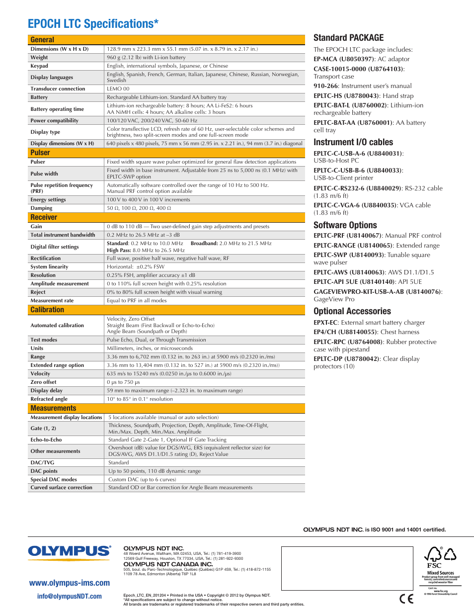 Epoch ltc specifications, Standard package, Instrument i/o cables | Software options, Optional accessories, General, Pulser, Receiver, Calibration, Measurements | Atec Panametrics-Olympus-Epoch-LTC User Manual | Page 4 / 4