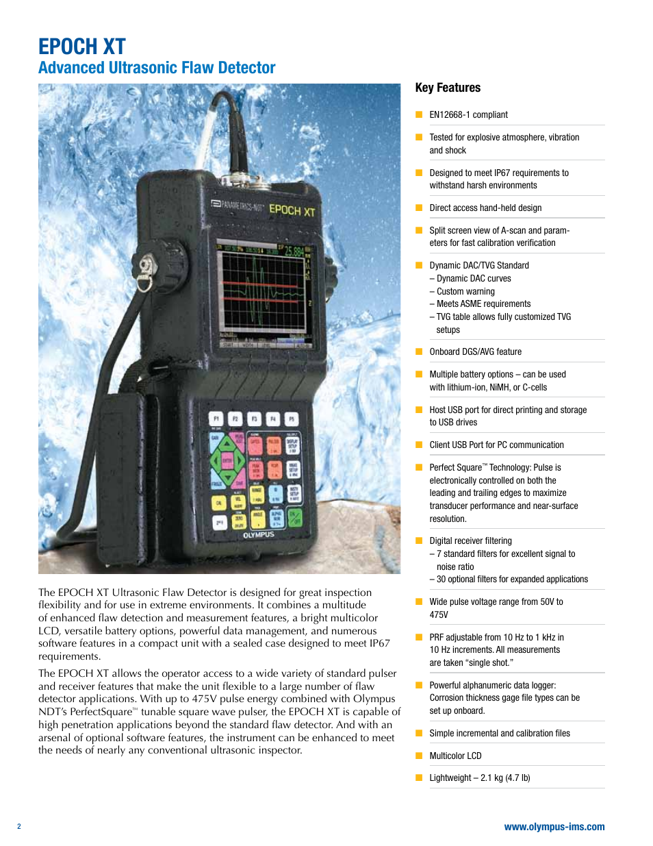 Epoch xt, Advanced ultrasonic flaw detector, Key features | Atec Panametrics-Olympus-Epoch-XT User Manual | Page 2 / 8