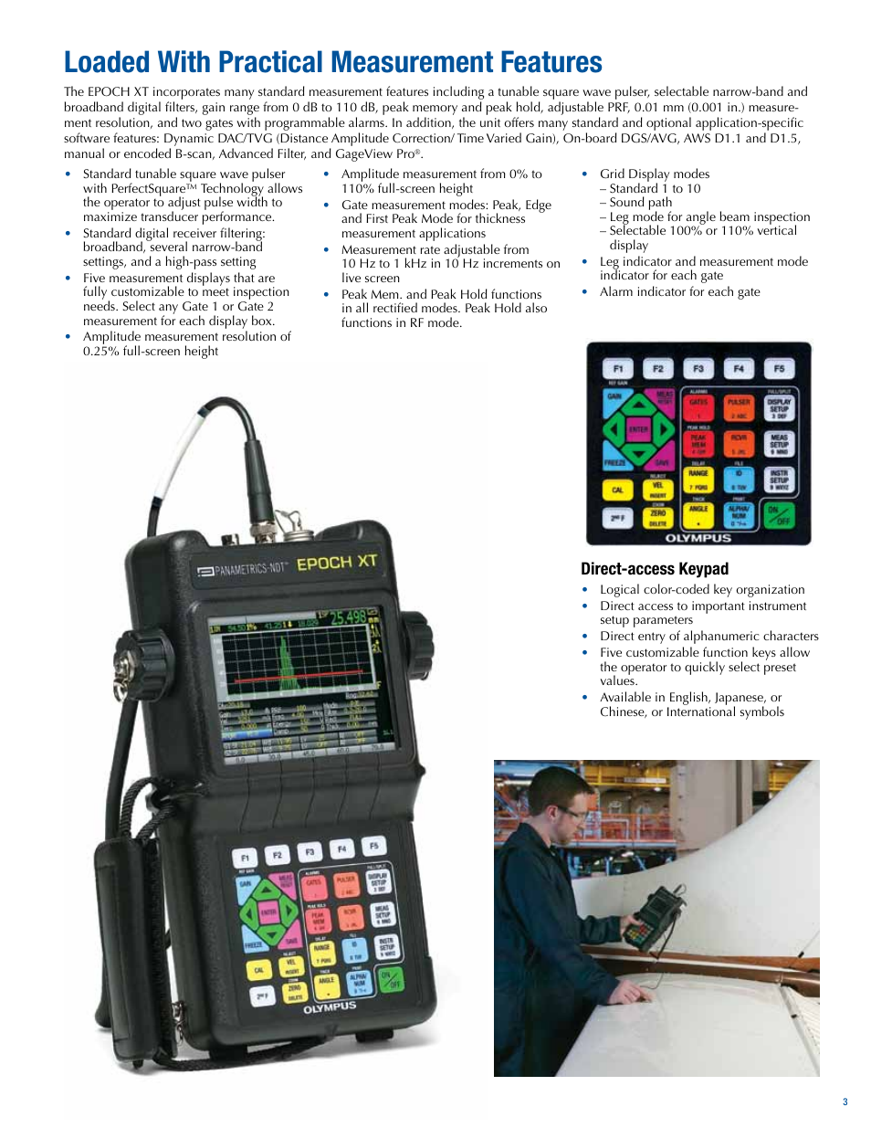 Loaded with practical measurement features, Direct-access keypad | Atec Panametrics-Olympus-Epoch-XT User Manual | Page 3 / 8
