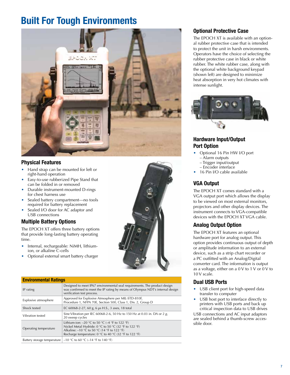 Built for tough environments, Physical features, Multiple battery options | Optional protective case, Hardware input/output port option, Vga output, Analog output option, Dual usb ports | Atec Panametrics-Olympus-Epoch-XT User Manual | Page 7 / 8