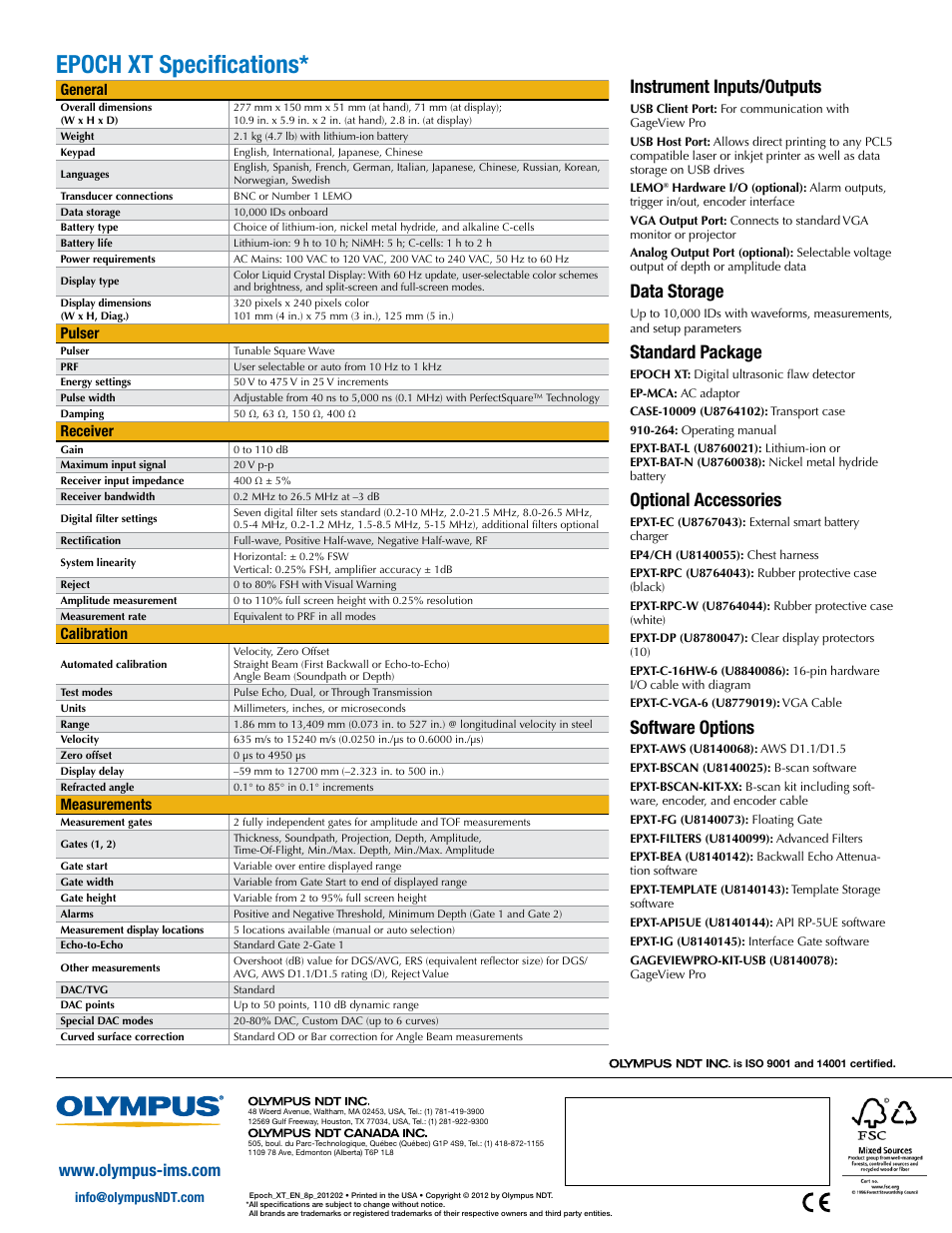 Epoch xt specifications, Instrument inputs/outputs, Data storage | Standard package, Optional accessories, Software options, General, Pulser, Receiver, Calibration | Atec Panametrics-Olympus-Epoch-XT User Manual | Page 8 / 8