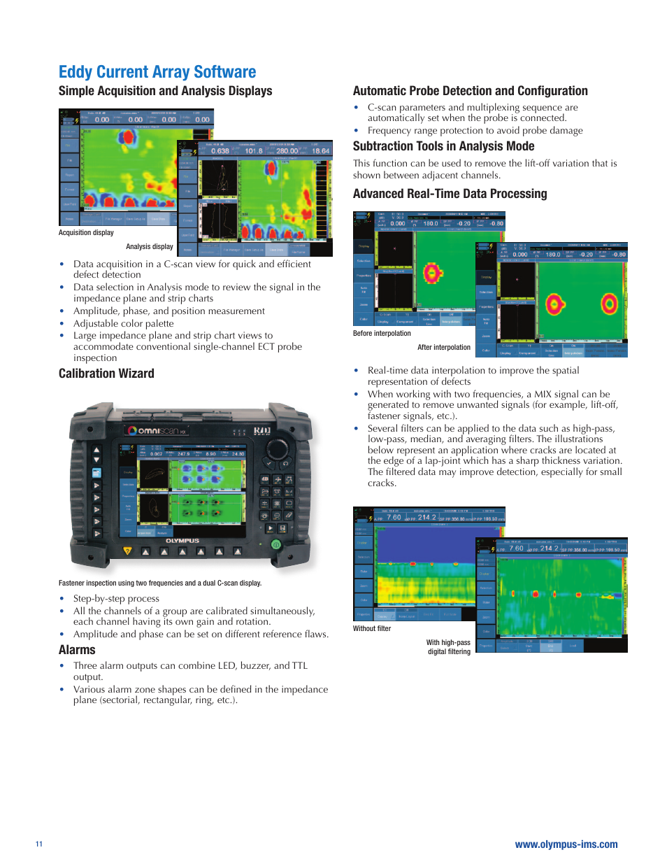 Eddy current array software, Simple acquisition and analysis displays, Calibration wizard | Alarms, Automatic probe detection and configuration, Subtraction tools in analysis mode, Advanced real-time data processing | Atec Panametrics-Olympus-Omniscan-MX User Manual | Page 11 / 14