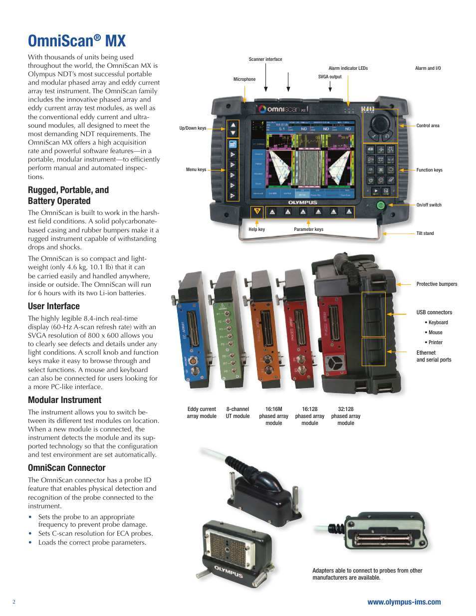 Omniscan, Rugged, portable, and battery operated, User interface | Modular instrument, Omniscan connector | Atec Panametrics-Olympus-Omniscan-MX User Manual | Page 2 / 14