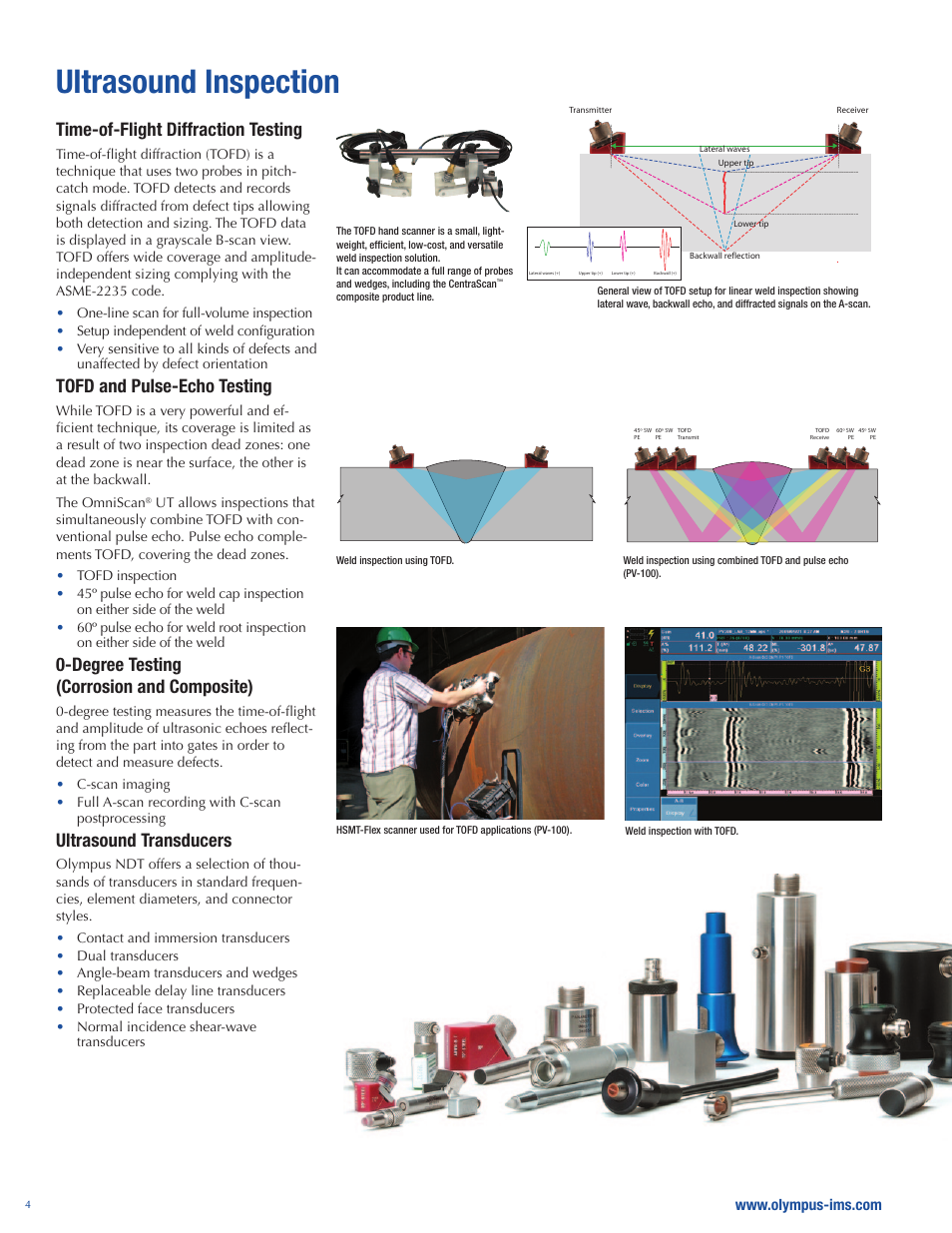 Ultrasound inspection, Time-of-flight diffraction testing, Tofd and pulse-echo testing | Degree testing (corrosion and composite), Ultrasound transducers | Atec Panametrics-Olympus-Omniscan-MX User Manual | Page 4 / 14