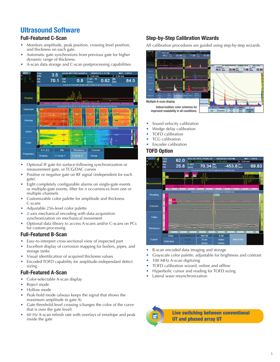 Ultrasound software, Full-featured c-scan, Full-featured b-scan | Full-featured a-scan, Step-by-step calibration wizards, Tofd option | Atec Panametrics-Olympus-Omniscan-MX User Manual | Page 5 / 14