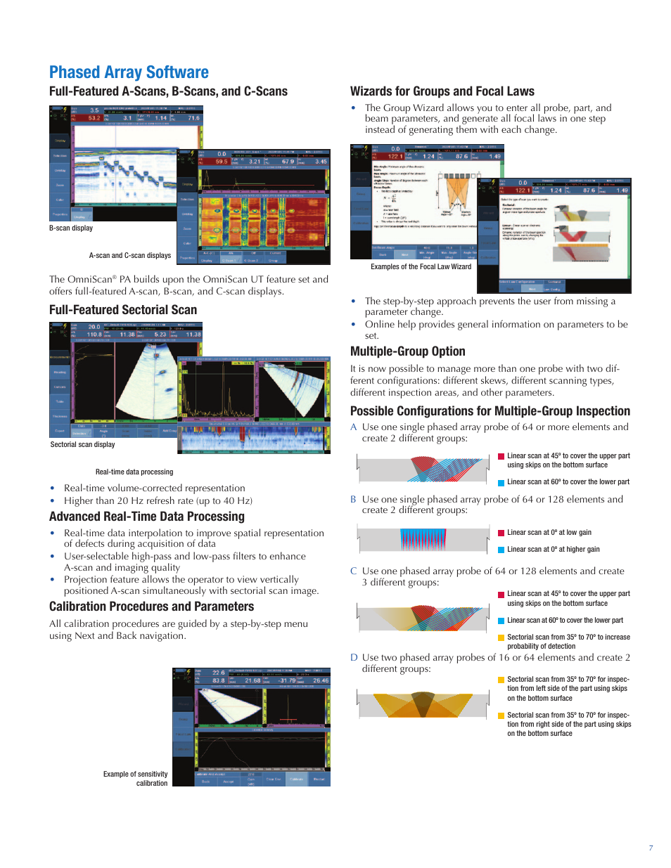 Phased array software, Full-featured a-scans, b-scans, and c-scans, Full-featured sectorial scan | Advanced real-time data processing, Calibration procedures and parameters, Wizards for groups and focal laws, Multiple-group option | Atec Panametrics-Olympus-Omniscan-MX User Manual | Page 7 / 14