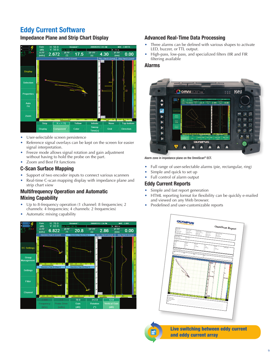 Eddy current software, Impedance plane and strip chart display, C-scan surface mapping | Advanced real-time data processing, Alarms, Eddy current reports, 9alarm zone in impedance plane on the omniscan, Omniscan report | Atec Panametrics-Olympus-Omniscan-MX User Manual | Page 9 / 14