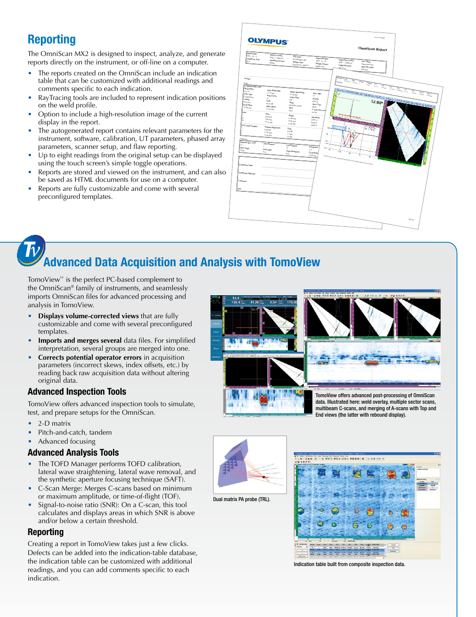 Advanced inspection tools, Advanced analysis tools, Reporting | Tomoview, Is the perfect pc-based complement to the omniscan, Dual matrix pa probe (trl) | Atec Panametrics-Olympus-Omniscan-MX2 User Manual | Page 10 / 12