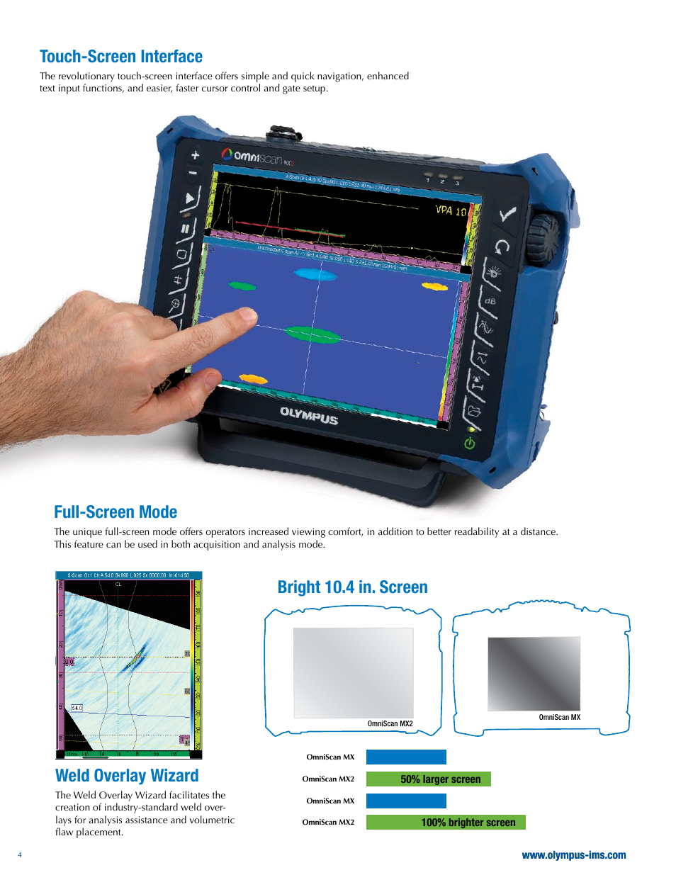 Bright 10.4 in. screen touch-screen interface, Full-screen mode, Weld overlay wizard | Atec Panametrics-Olympus-Omniscan-MX2 User Manual | Page 4 / 12