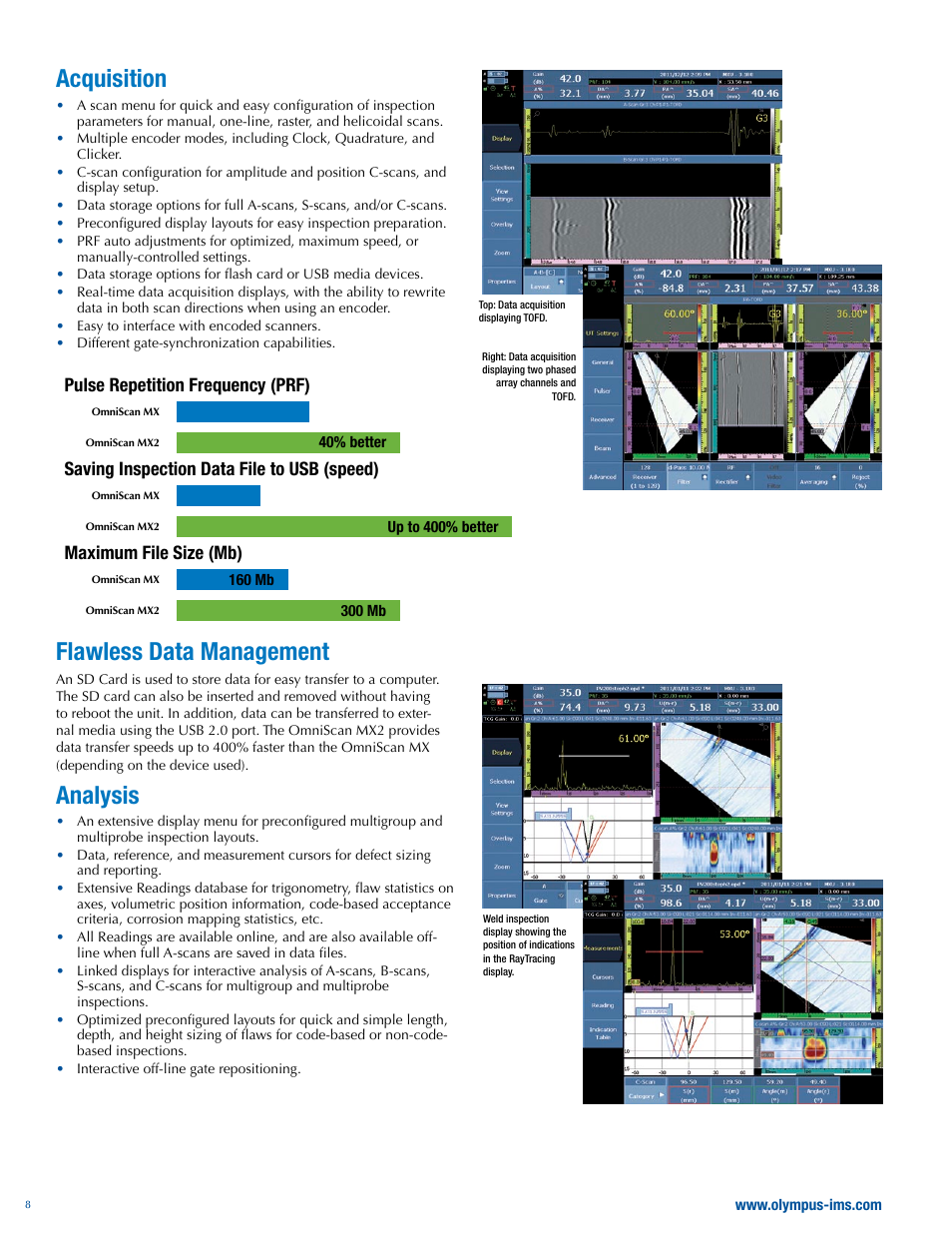 Acquisition, Flawless data management, Analysis | Pulse repetition frequency (prf), Saving inspection data file to usb (speed), Maximum file size (mb) | Atec Panametrics-Olympus-Omniscan-MX2 User Manual | Page 8 / 12