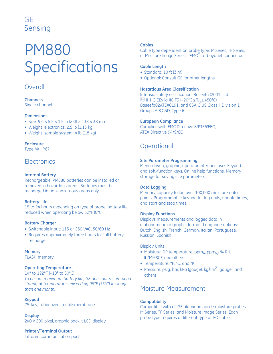 Pm880 specifications, Ge sensing, Overall | Electronics, Operational, Moisture measurement | Atec Panametrics-PM880 User Manual | Page 3 / 4