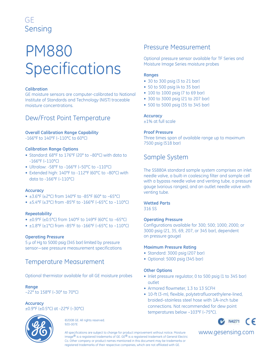 Pm880 specifications, Ge sensing | Atec Panametrics-PM880 User Manual | Page 4 / 4