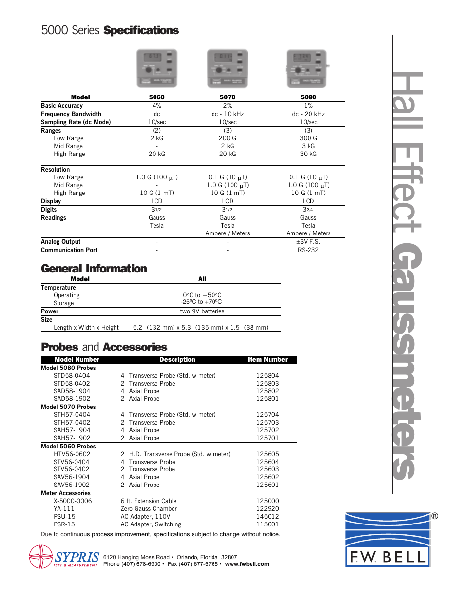 5000 series specifications general information, Probes and accessories | Atec FW-Bell-5080 User Manual | Page 2 / 2