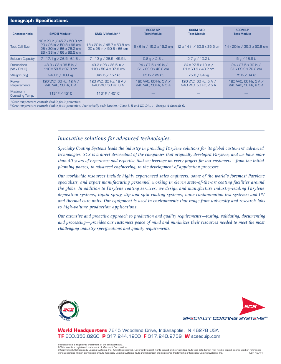 Innovative solutions for advanced technologies, Ionograph specifications, World headquarters | Atec SCS-SMDII User Manual | Page 4 / 4