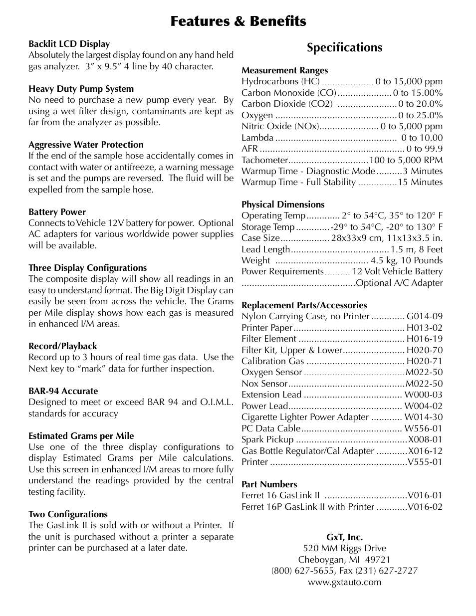 Features & beneﬁ ts, Speciﬁ cations | Atec Ferret-16-Emissions-Analyzer User Manual | Page 2 / 2