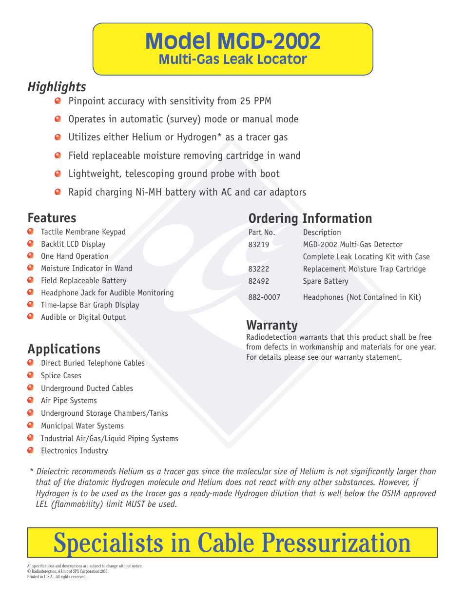 Specialists in cable pressurization, Model mgd-2002, Highlights | Features, Applications, Ordering information, Warranty, Multi-gas leak locator | Atec Radiodetection-MGD-2002 User Manual | Page 2 / 2
