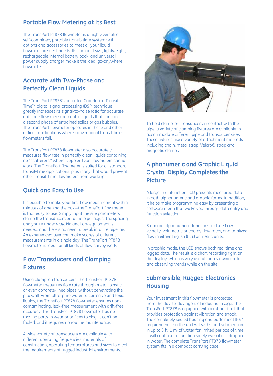 Portable flow metering at its best, Quick and easy to use, Flow transducers and clamping fixtures | Submersible, rugged electronics housing | Atec GE-Sensing-Tech-PT878 User Manual | Page 2 / 8