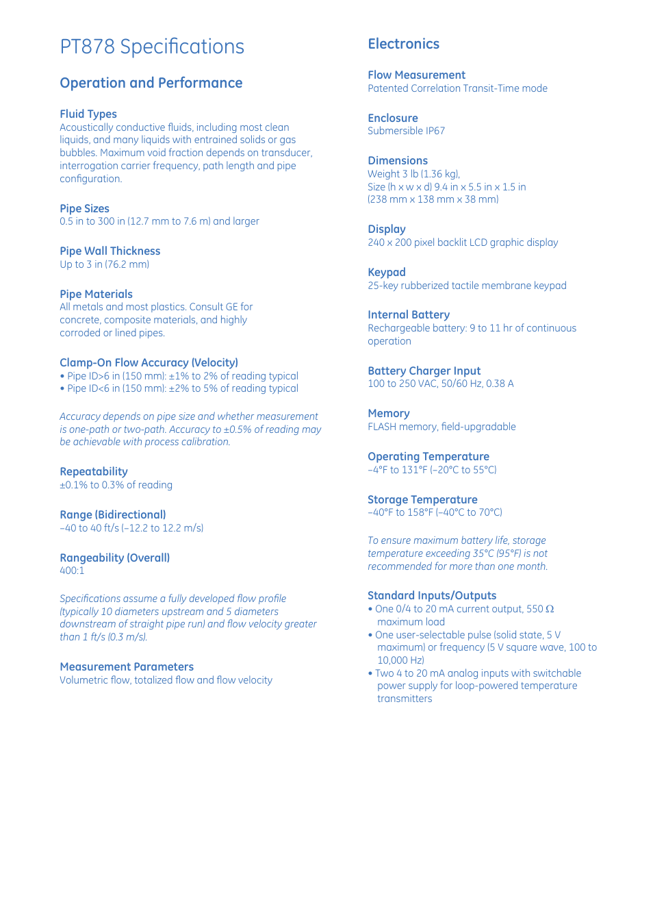 Pt878 specifications, Operation and performance, Electronics | Atec GE-Sensing-Tech-PT878 User Manual | Page 5 / 8