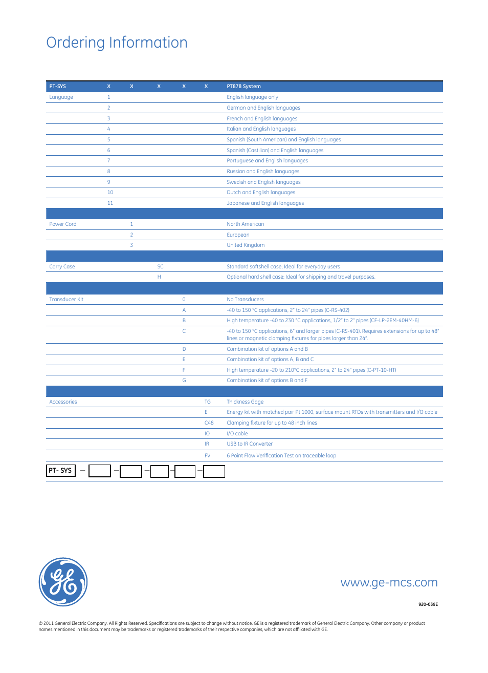 Ordering information, Pt- sys | Atec GE-Sensing-Tech-PT878 User Manual | Page 8 / 8