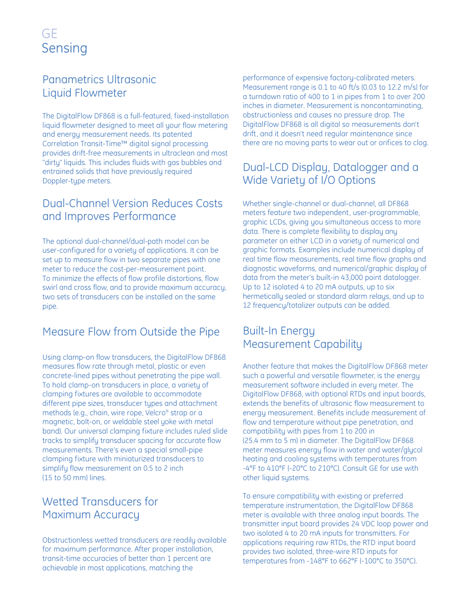 Ge sensing, Panametrics ultrasonic liquid flowmeter, Built-in energy measurement capability | Measure flow from outside the pipe, Wetted transducers for maximum accuracy | Atec Panametrics-Olympus-DF868 User Manual | Page 2 / 8