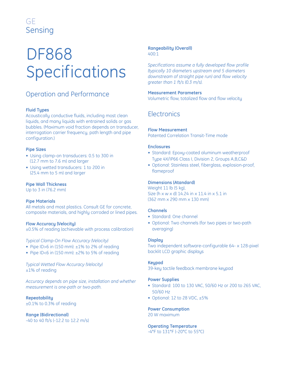 Df868 specifications, Ge sensing, Operation and performance | Electronics | Atec Panametrics-Olympus-DF868 User Manual | Page 4 / 8