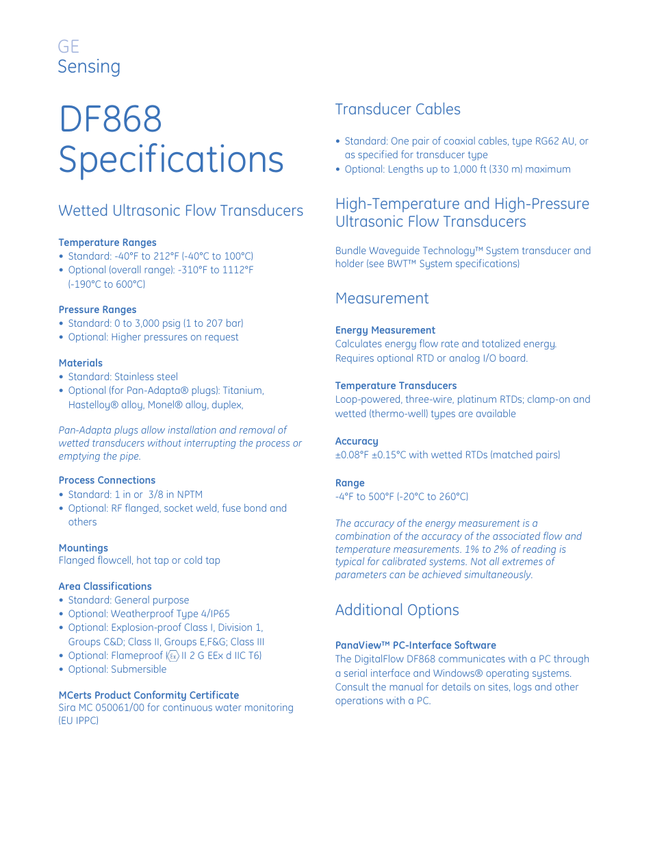 Df868 specifications, Ge sensing, Measurement | Additional options | Atec Panametrics-Olympus-DF868 User Manual | Page 6 / 8